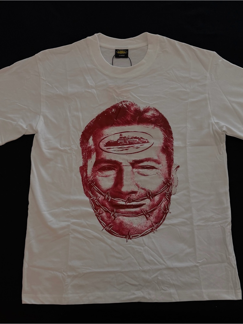 White Short-Sleeve Tee with Red Face Graphic